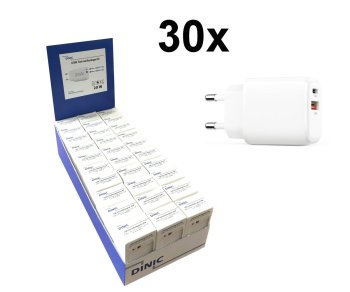 30x PW-20WCA (USB C+A 20W-os töltő) fehér színben DINIC számláló kijelzőben